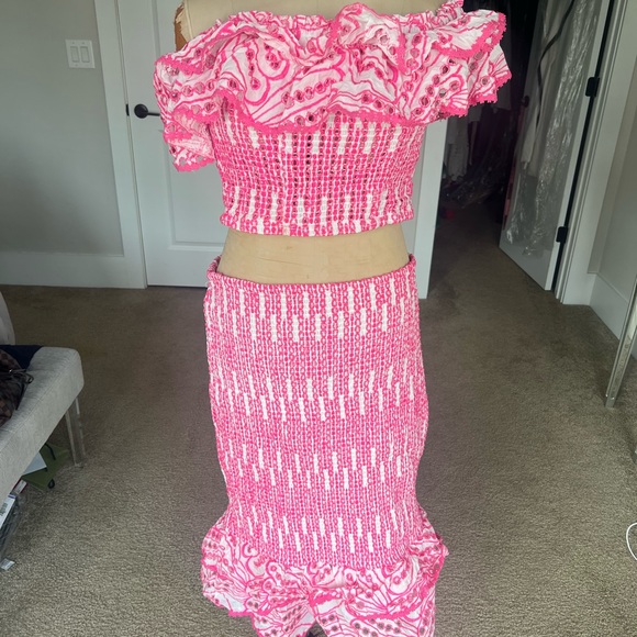 Pink Shirred Bodycon Ruffle Matching Crop Top and Skirt Set - Picture 3 of 10